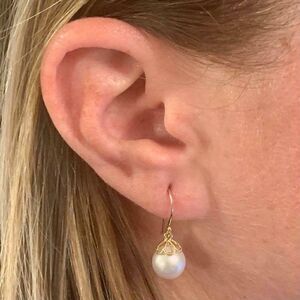 Akoya Pearl Earrings 14 KT Yellow Gold 9.16 mm Certified $1,390 017528